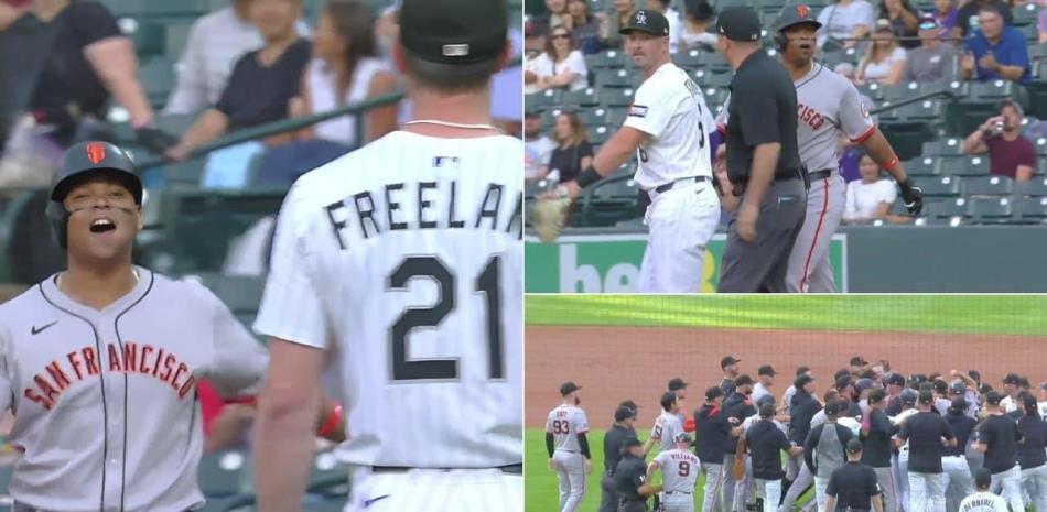 Rafael Devers y el pitcher Kyle Freeland intercambian palabras segundos después de que el dominicano le conectara de jonrón al pitcher de los Rockies.Fuente externa